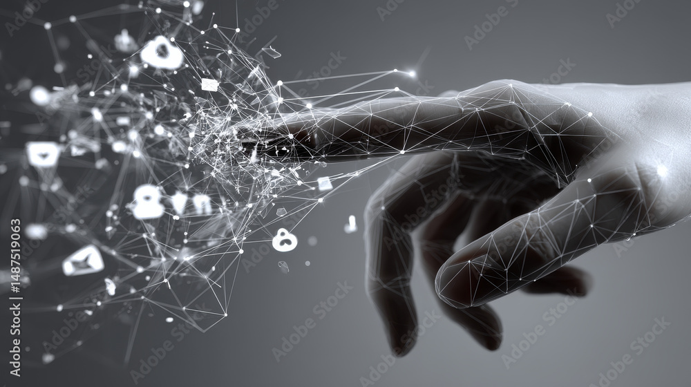 Poster hand touching social network icons from lines, triangles and particle style design. illustration vec