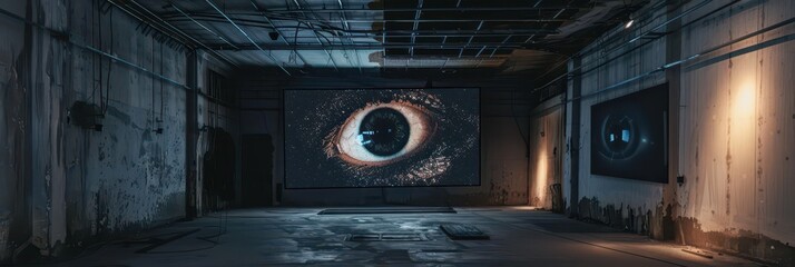 Futuristic eye projection in an industrial abandoned space