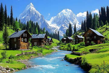 Fototapeta premium Serene Mountain Village beside a Turquoise River
