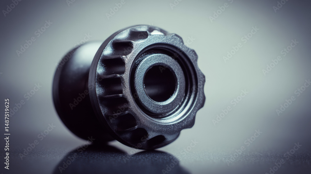 Aufkleber close-up of a black mechanical part highlighting its intricate design and texture.