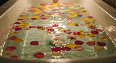 Fototapeta premium Relaxing bath with floating colorful petals creating a serene spa ambiance