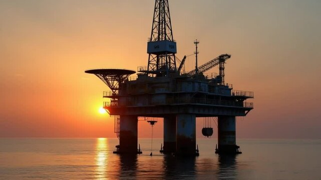 Rusty old oil platform stands in calm waters off the coast during sunset