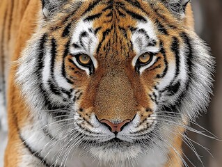 Obraz premium the image is a close up of a majestic feline creature. its face dominates the frame, with striking orange and black stripes patterned across its fur