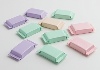 Fototapeta premium Pastel colored candy bars arranged on white background for minimalist aesthetic