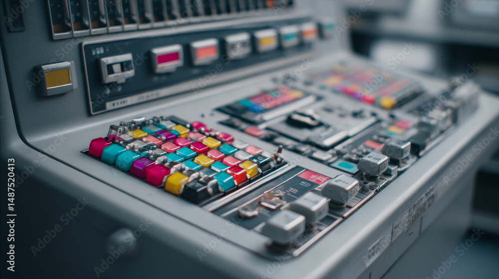 Poster close-up of a control panel with colorful buttons and knobs in a modern workspace.