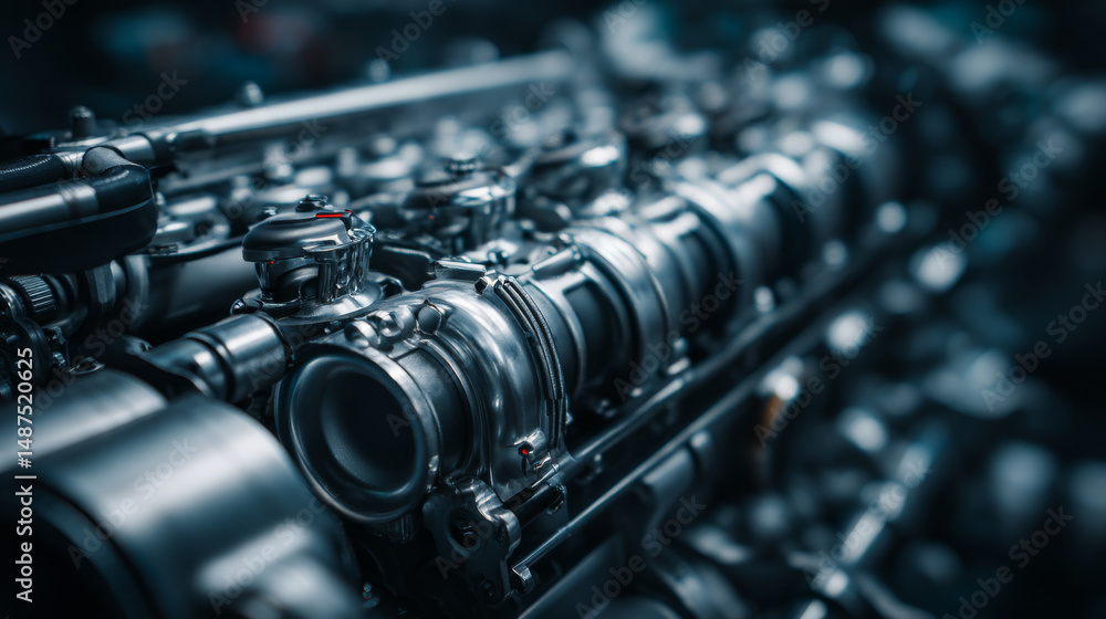 Poster close-up of a detailed mechanical engine component showcasing precision engineering.