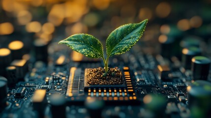 Seedling emerges from circuit board, symbolizing growth and technology meeting nature