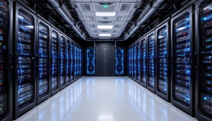 Fototapeta premium High-Tech Server Room with Illuminated Racks and Advanced Data Storage Solutions