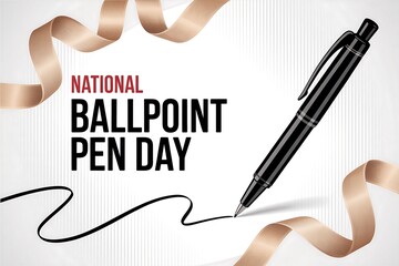 National ballpoint pen day celebration with black pen and ribbon stationery design element vector graphic