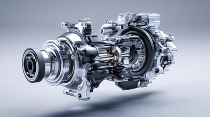 Fototapeta premium Close-up of a high-tech mechanical turbine with intricate details and shiny surfaces.