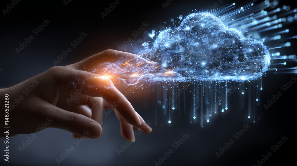 Poster digital technology network concept. icon digital cloud over hand in neon lights. digital rain of dat