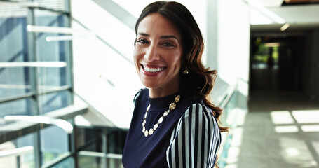 Portrait, smile and business woman in company for finance, investment and career experience as...