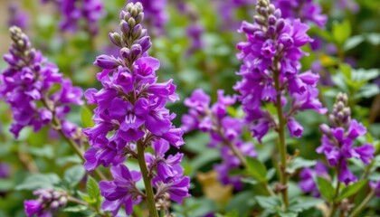 Lush Garden Display of Vibrant Purple Flowers in Full Bloom Surrounded by Green Foliage