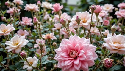 Fototapeta premium Lush Floral Garden Displaying Pink Blossoms and Beautiful Roses Under Natural Light