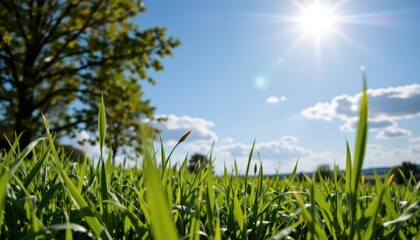 Lush Green Grass Under Bright Sunlight with Clear Blue Sky and Fluffy Clouds in the Background
