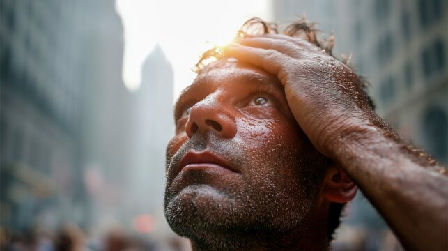 Close-up of a sweating man with his hand on his forehead, looking up in what appears to be a city setting.