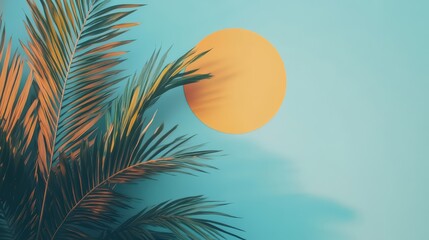 Obraz premium Tropical dreamscape featuring palm fronds and a sun in teal background