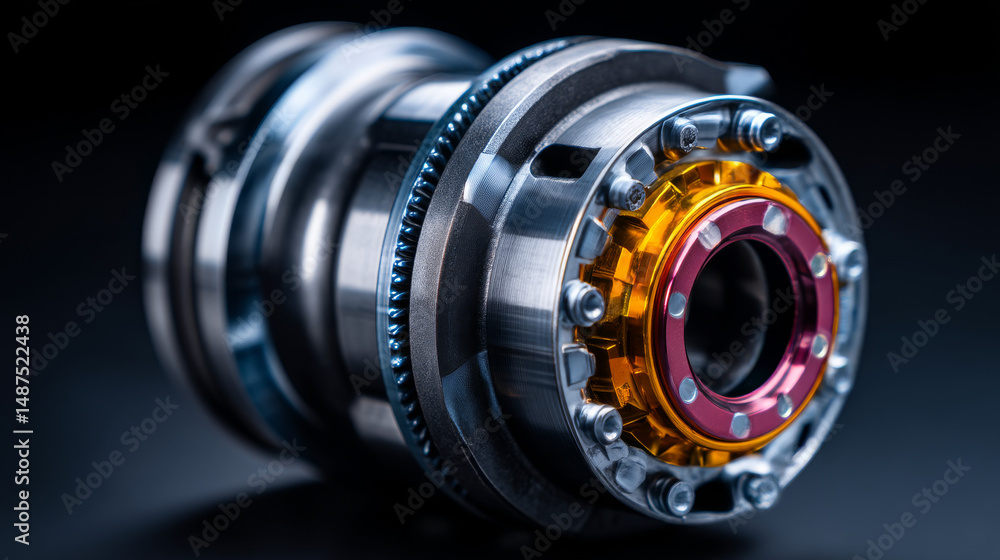 Poster close-up of a precision-engineered metal component highlighting its intricate design.