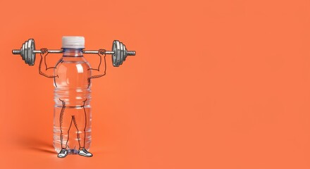 Creative exercise concept with water bottle lifting weights on orange background