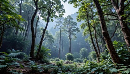 Fototapeta premium Misty Forest Landscape with Tall Trees and Lush Green Foliage Bathed in Gentle Sunlight