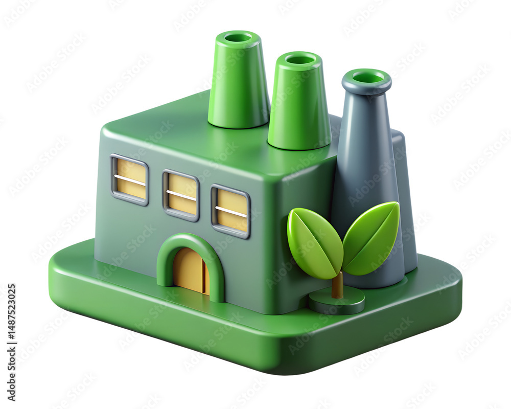 Poster green sustainable factory high quality 3d rendering icon on transparent background representing envi