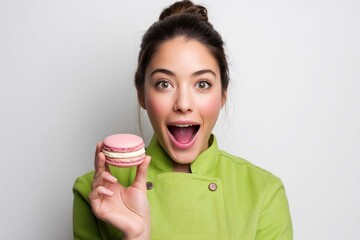 A woman wearing a green jacket holds a pink macaron with an excited expression, showing her surprise. The white background enhances the subject's focus.