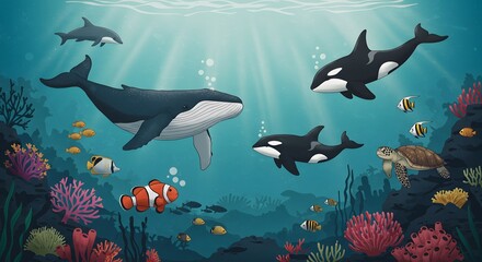 Naklejka premium Vibrant Underwater Scene: Whales, Orcas, and Coral Reef Life