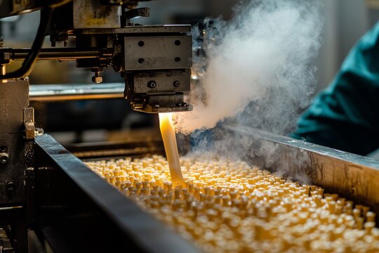 PLA cutlery production using continuous extrusion machine shaping cornstarch pellets with steam venting, captured with high-speed flash in industrial setting