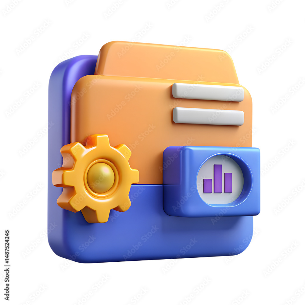 Poster high quality 3d rendering icon on transparent background data analytics folder with gear and bar cha