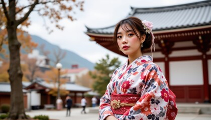 Fototapeta premium Portrait of a Young Woman in Colorful Kimono near Traditional Japanese Temple in Autumn