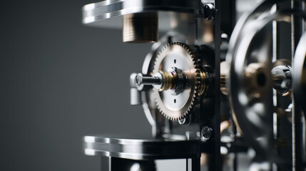 Close-up of intricate clockwork mechanism with gears and metal components.