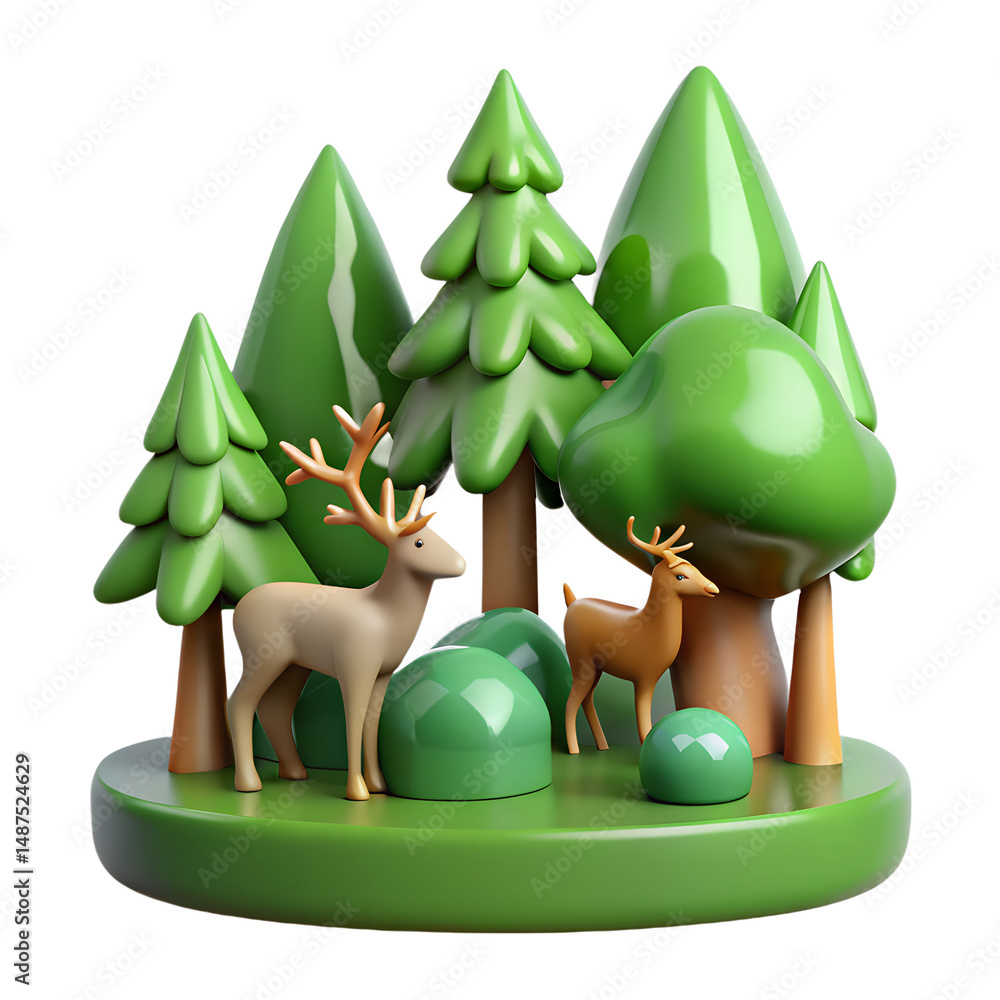 Poster high quality 3d rendering icon on transparent background of a stylized forest with cartoon deer and 