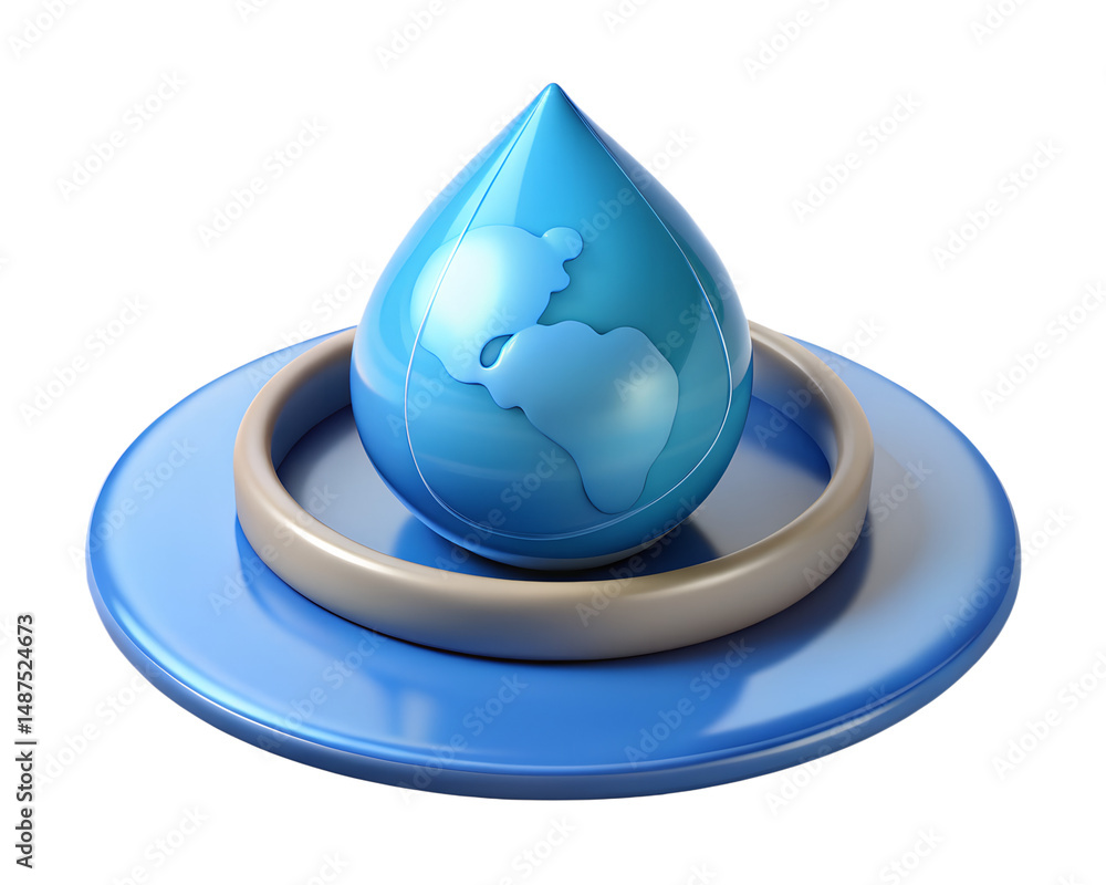 Poster high quality 3d rendering icon on transparent background of a water drop with world map inside it