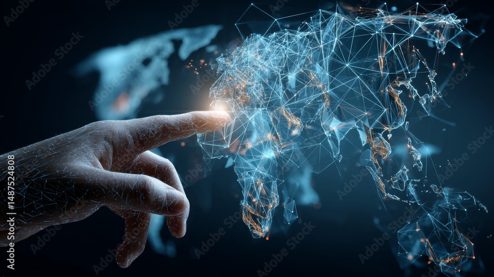 Poster hand touch global map form lines and triangles, point connecting network on blue background. illustr