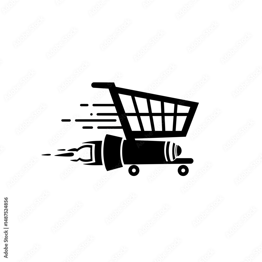 Poster fast shopping cart: a dynamic shopping cart icon speeds forward with a rocket engine, symbolizing ra