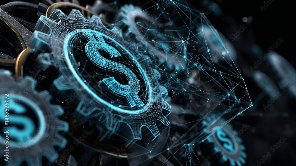Poster 3d of gears with money sign from wireframe form. technology and engineering. vector illustration