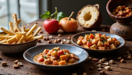 Rustic Gourmet Vegetable Stew Served in Bowls with Fresh Ingredients and Wooden Table Setting