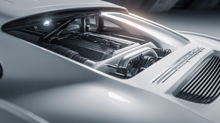 Fototapeta premium Close-up view of a modern car engine showcasing sleek design and innovative technology.