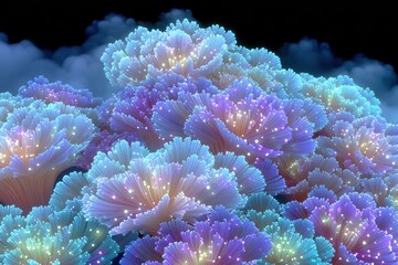 Luminous Blue and Purple Digital Flowers on Dark Background