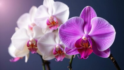 One vibrant purple orchid amongst white orchids, different, white