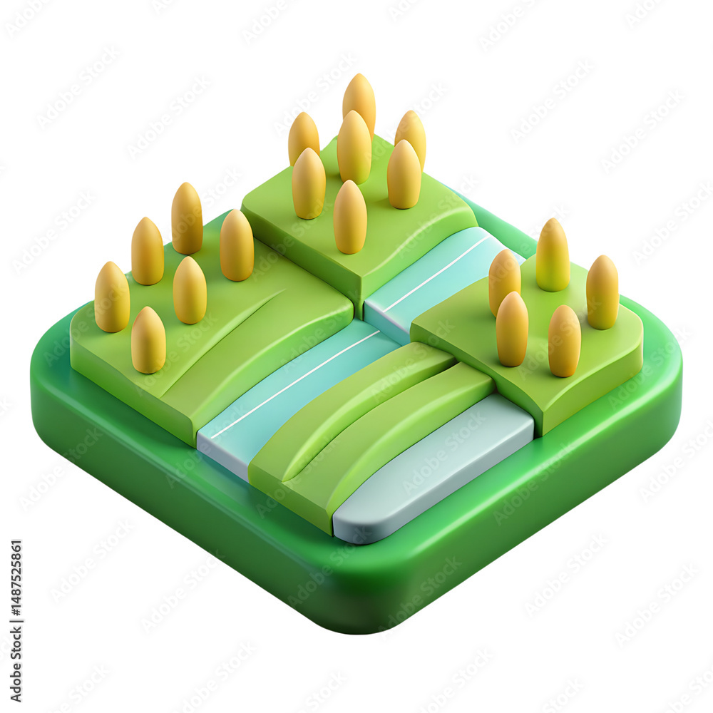 Poster isometric green landscape with trees and river high quality 3d rendering icon on transparent backgro