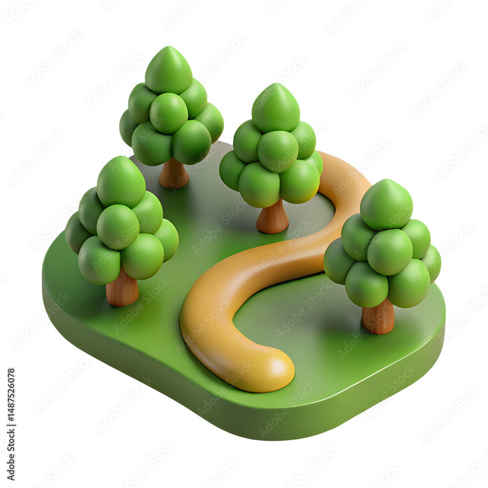 Poster isometric park scene with winding path and cartoon trees high quality 3d rendering icon on transpare