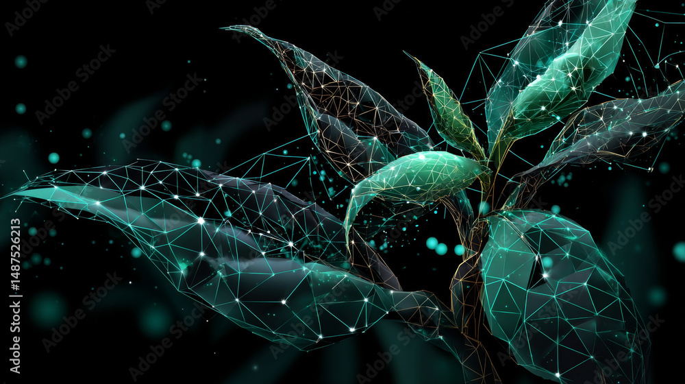 Poster abstract plant on hand form lines and triangles, point connecting network background. ecology concep