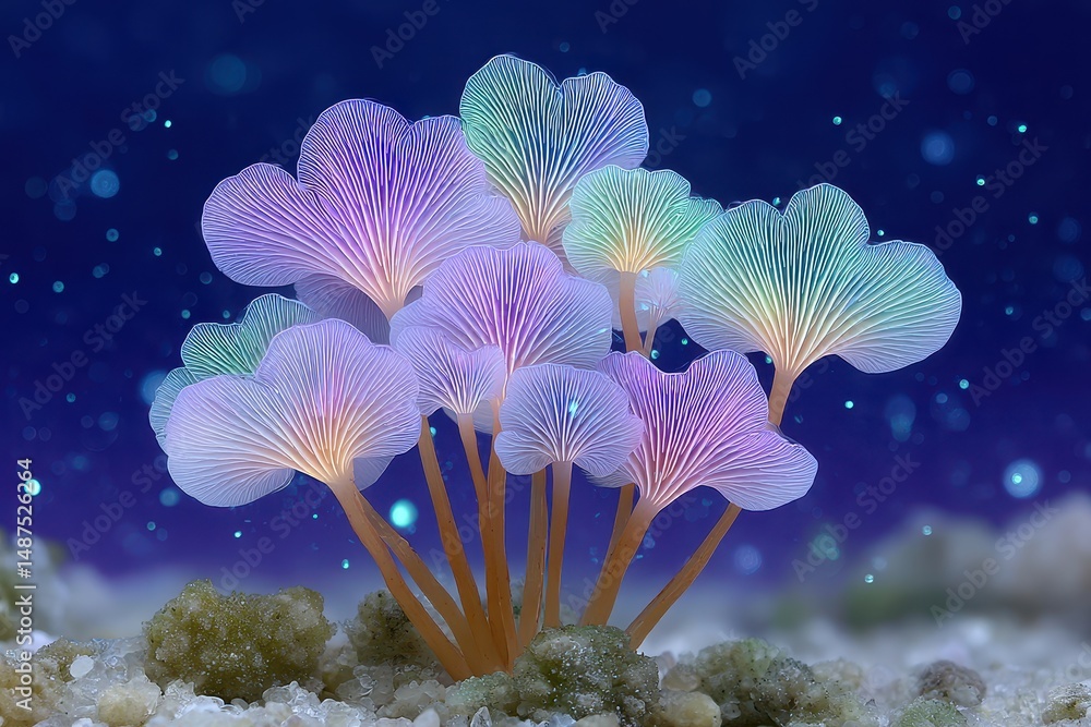 Poster Luminous Multicolored Underwater Flora with Intricate Patterns Glowing in Dark Blue