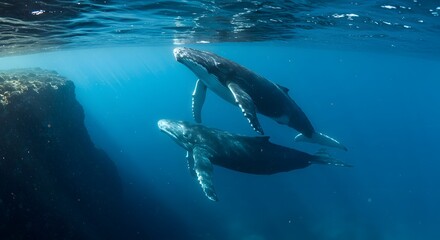 Naklejka premium Graceful Giants: Two Humpback Whales Glide Through the Ocean Depths
