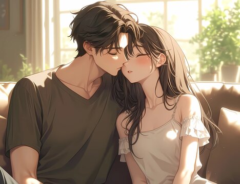 K-Pop Romance Korean Manga Illustration of a Young Couple Hanging Out	
