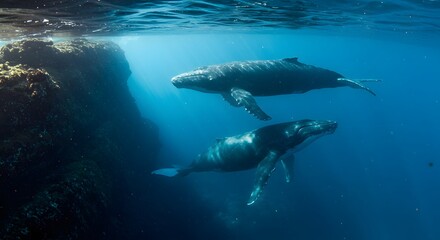 Obraz premium Majestic Humpback Whales Gracefully Glide Through the Ocean Depths