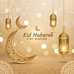Golden Eid Mubarak Celebration with Crescent Moons and Lanterns