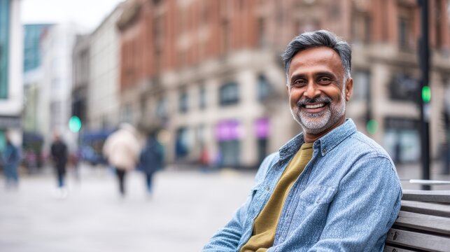 Cheerful middle aged man relaxing outdoors in urban setting
