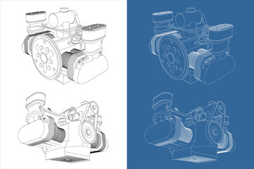Isometric view Technical Line Drawing of a 1600cc dual port Air cooled car Engine in Multiple Angles
